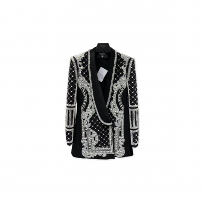 BALMAIN CRYSTALS & PEARLS EMBELLISHED LAPEL BLAZER